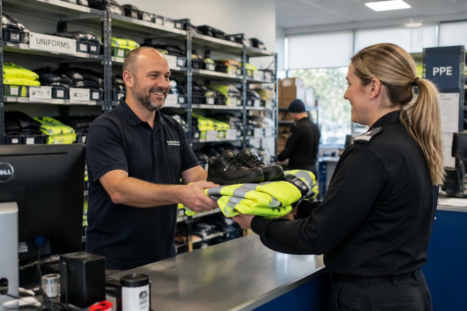 Uniform and boots being issued across a stores counter